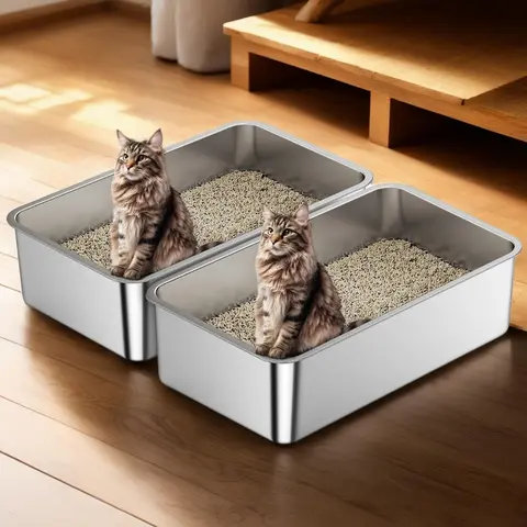 Anycoo XXL Stainless Steel High Sided Litter Box - 1-2 Pack Option, Large, Non-Porous, Odor Control, Easy Cleanup, Durable Pet Supply for Modern Hidden Enclosures (2 Pack-19.7in, Organic Fiber, Plant Derivatives, Recycled Paper, Silica)