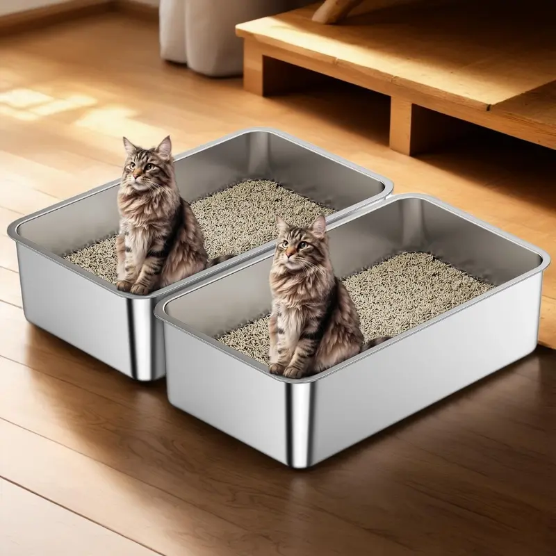Anycoo XXL Stainless Steel High Sided Litter Box - 1-2 Pack Option, Large, Non-Porous, Odor Control, Easy Cleanup, Durable Pet Supply for Modern Hidden Enclosures (2 Pack-19.7in, Organic Fiber, Plant Derivatives, Recycled Paper, Silica)