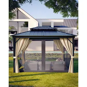 Garvee 12'x14' Hardtop Gazebo for All Weather, with Double Metal Roof, Aluminum Alloy Frame, Net, and Curtain, Permanent Building for Patio, Deck, Backyard, Lawn, and Garden, Khaki