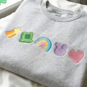 [Made in US] Embroidered Lucky Charm Sweatshirt, St Patrick’s Day Shamrock Rainbow, Lucky Irish Crewneck Sweatshirt, Holiday Embroidery