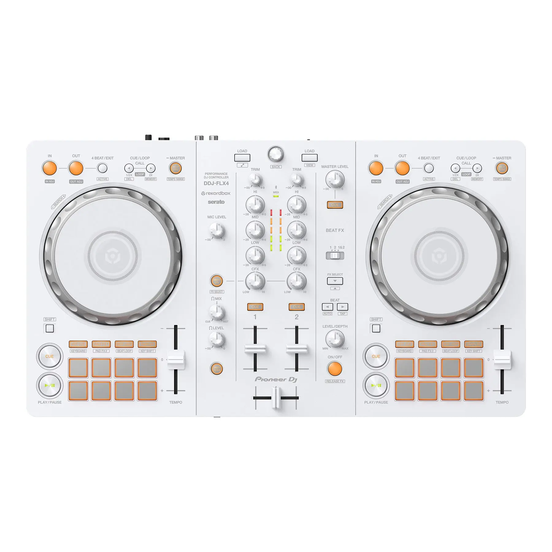 Pioneer DJ DDJ-FLX4 Compact DJ Controller - Limited Edition White Audio Equipment with Amplifier, Stereo Cable, Memory Card Compatibility, iPhone Connection, Backlit Design, Android Device Support