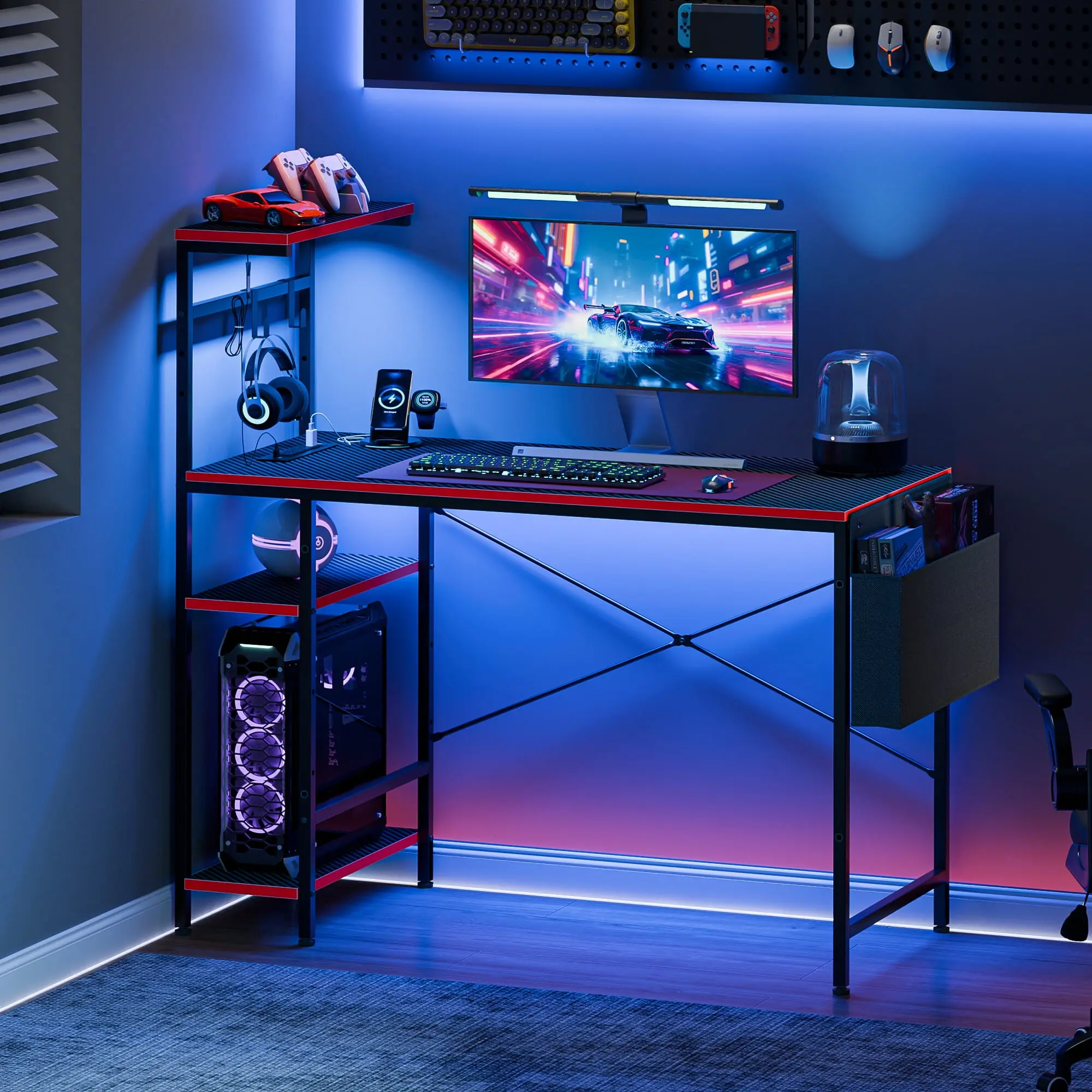 44-Inch Segawe Gaming Desk - Office Furniture Computer PC Workstation with Power Outlets, LED Lights, Carbon Fiber Surface, Metal Frame, Side Storage Bag, Black Home Desk for Gaming, Desks For Gaming