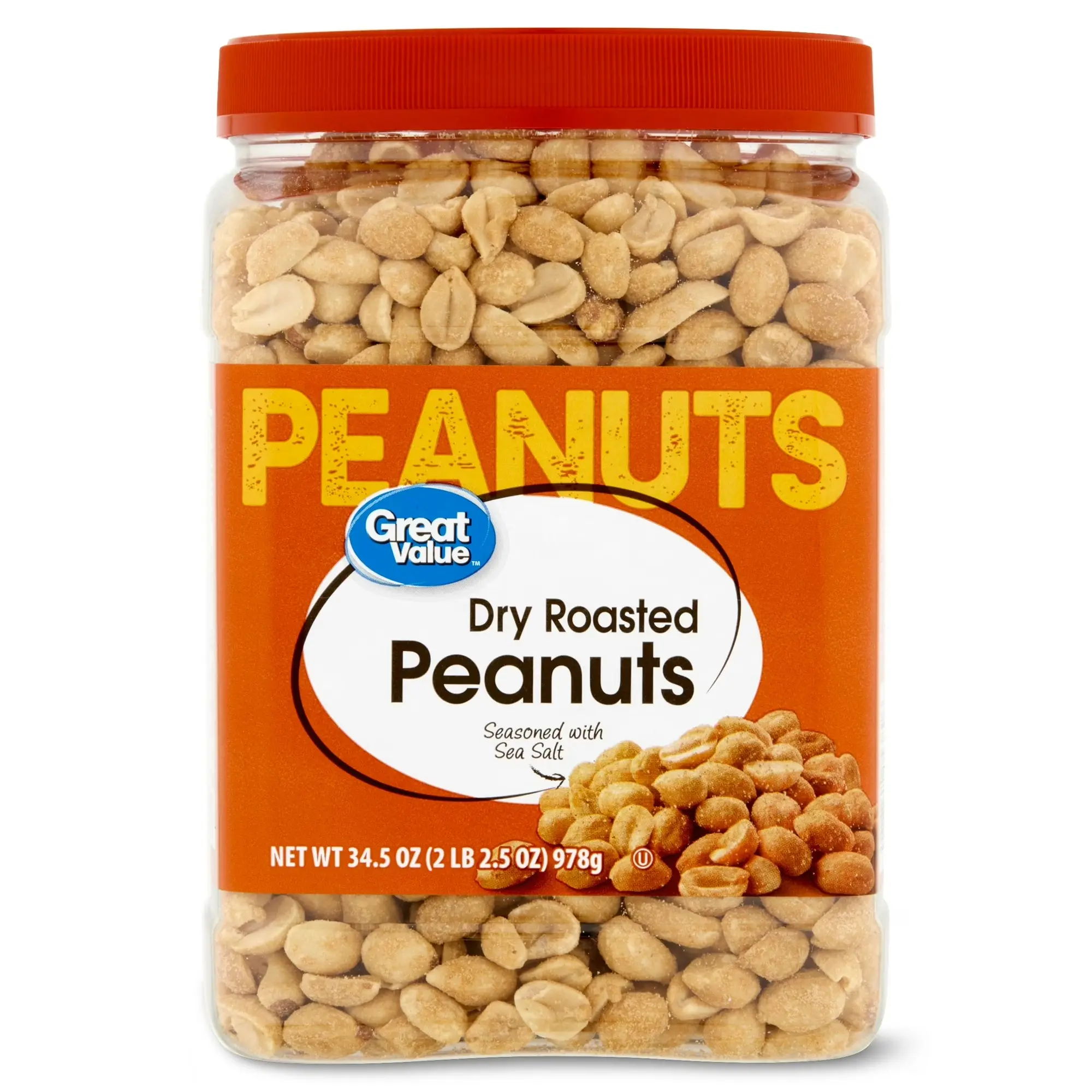 Great Value Dry Roasted & Seasoned with Sea Salt Peanuts, 34.5 oz – Resealable Roasted Peanut Snack