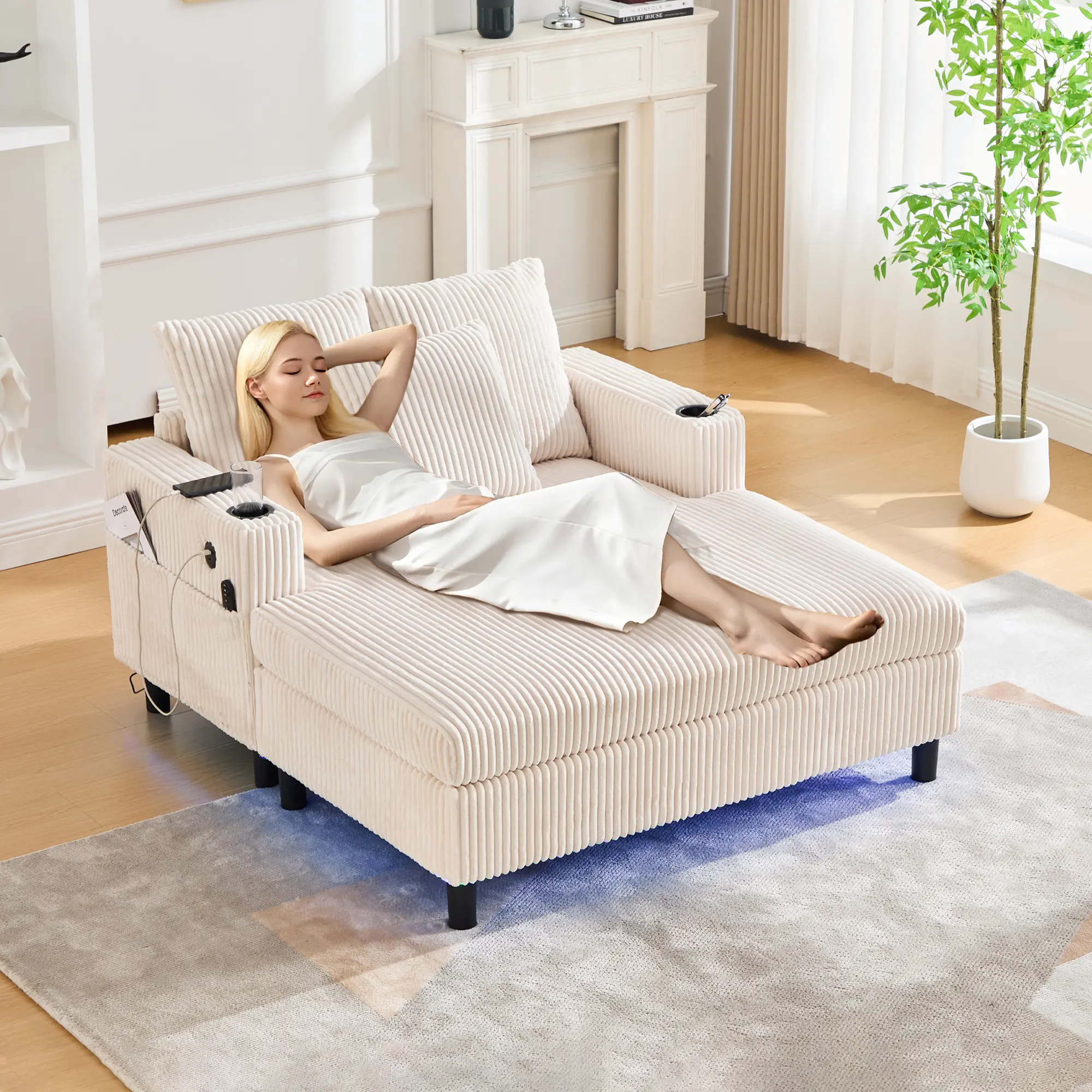 [2 Packages Shipped] 50-in 3-in-1 Folding Convertible Corduroy Sofa  - Modern Oversized Recliner with Deep Seat, 3 Pillows, USB Charging, RGB LED Light Strip, Cup Holder, Side Pocket - For Living Room, Bedroom foldable bed boneless chaise lounge chair, Fi