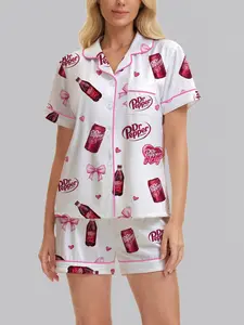 Women's Dr Pepper Sleepwear Pajama Sets, Cartoon Pattern Soft Short Sleeve Top & Elastic Shorts, Casual All-Season Loungewear Home Wear