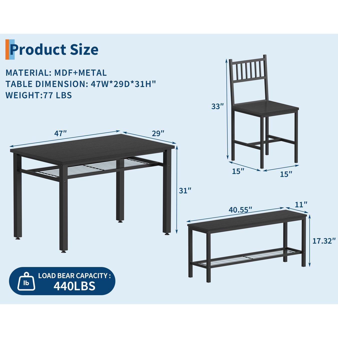 4-Piece Farmhouse Dining Set for 4, Compact Kitchen Table with Chairs, Bench & Storage, Perfect Dining Furniture for Small Spaces & Apartments