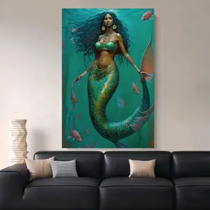 Framed Canvas 1pc Framed African American Mermaid Canvas Art - Vibrant Underwater Scene with Teal Tail & Wooden Frame, Modern Minimalist Wall Decor for Living Room, Bedroom, Office, Kitchen, and Dining Room, Mermaid Decor