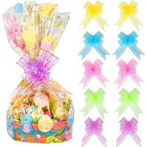 10 Pack Easter  32 x 22 Inches Easter Bunny Wrap Bags Cellophane  Wrap with 10 count Pull Bows