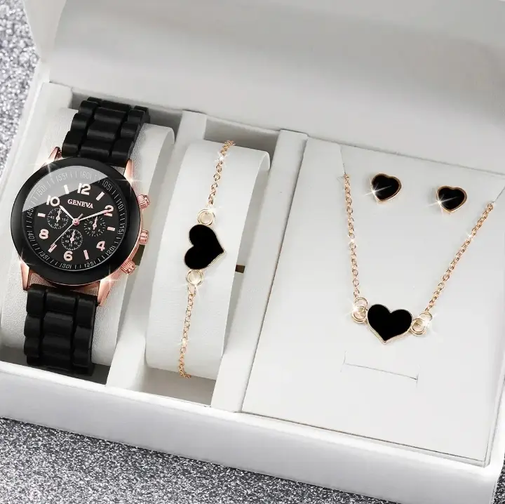 Geneva Watch Fashion Silicone Band Women Watches Heart Jewelry Set - 4PCS/Set