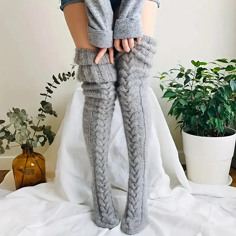 Women's Solid Textured Over The Knee Socks, Casual Warm Comfy Over The Knee Socks for Fall & Winter, Women's Socks for Daily Wear Socks, Soft Comfy Socks, Womenswear,UU