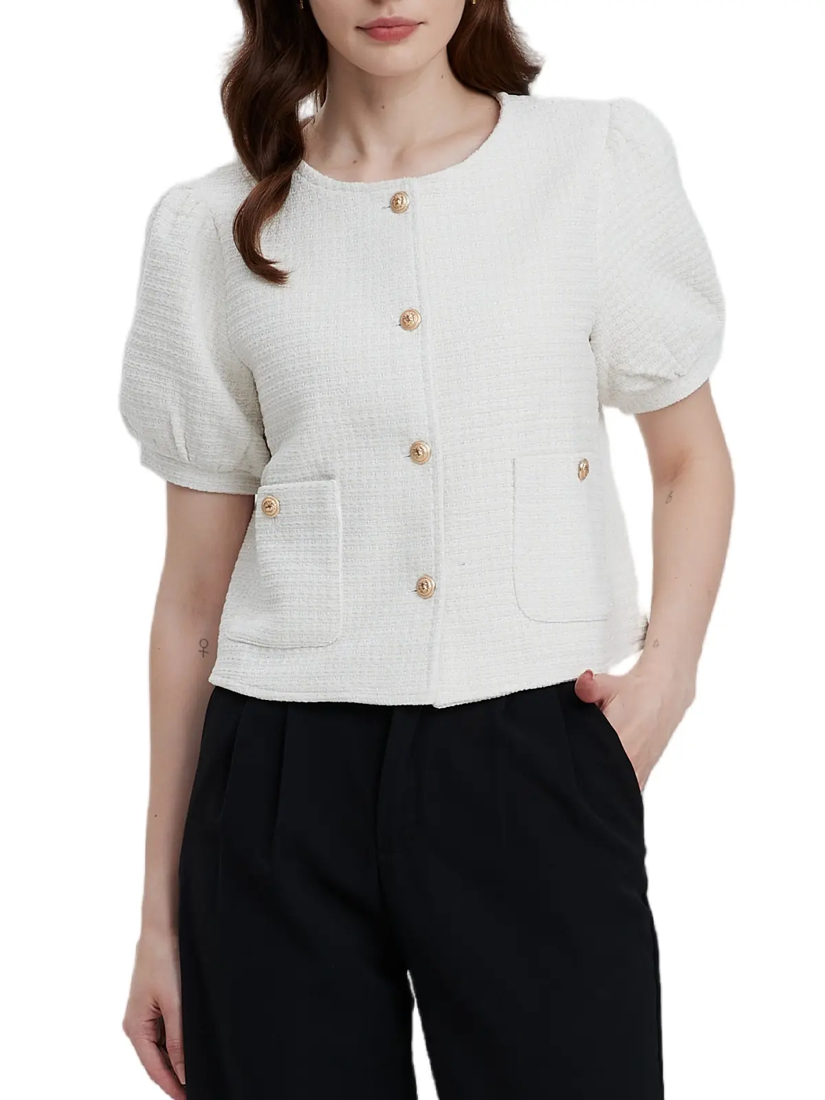 Women's Tweed Blazers Jackets Cropped Puff Short Sleeve Collarless Work Suits Coat with Pockets