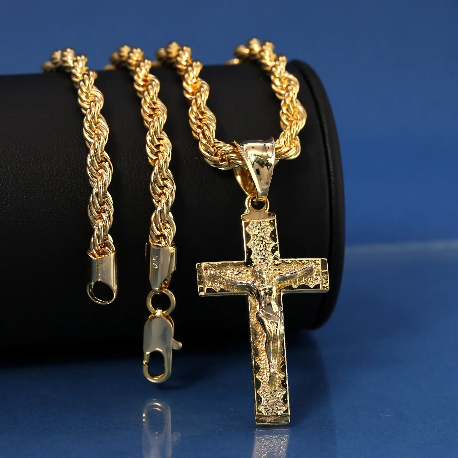 MaxBling81 High-End Jesus Crucifix Brass Nugget Cross Pendant Necklace, 14K Stamped 4mm Rope Chain (18" 20" or 24") - Hip Hop Jewelry, Fashion Costume Accessory
