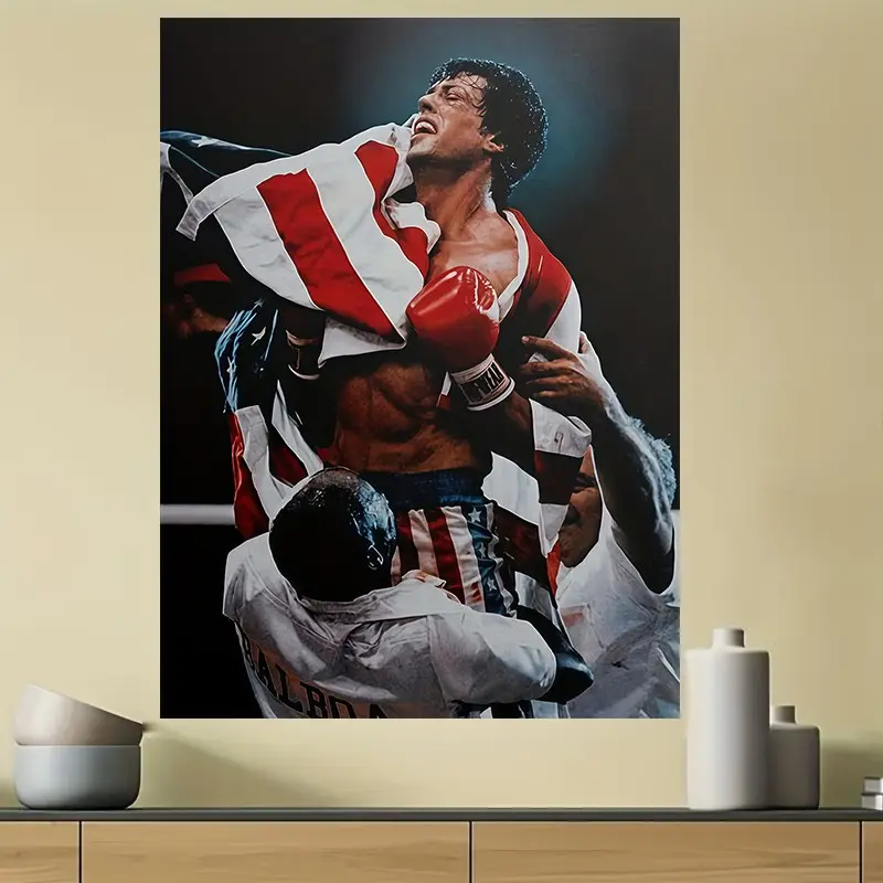 One unframed Rocky Balboa movie poster - Sylvester Stallone's iconic boxing scene art print Canvas Wall Art with a flag and the Rocky IV logo - unframed, Canvas Prints 30*40cm, suitable for men's cave, home theater decoration Decorative Wall Art