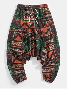 Men's Ethnic Style Woven Drawstring Hem Pants, Casual Sports Long Trousers for Daily Wear & Outdoor Activities, Beach Vacation, Boho Comfy Trousers