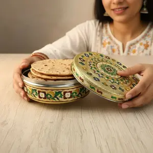 LoveNspire Elegant Meenakari Roti Box - Stainless Steel Kitchen Household Products, Dustproof Round Shape with Secure Lid, for Sweets/Spices, Wedding/Diwali Gift, Preserves Freshness with Artistic Flair, Containers