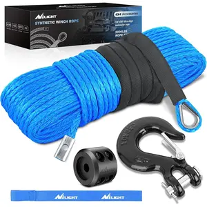 1/4 Inch x 50 Feet Synthetic Winch Rope 9000lbs Tensile Strength with Hook Stopper Protective Sleeve Safety Strap for ATV UTV 4x4 Off-Road Vehicle Blue