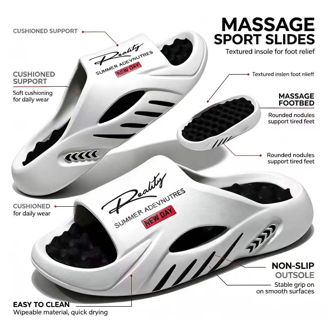 Men's Non-Slip EVA Cushioned Massage Cloud Slides - Slip-On Sport Slippers with Thick Sole, Modest Minimalist Preppy Chic Design for Beach Walk, Holiday Dances, Indoor-Outdoor Summer Casual Wear