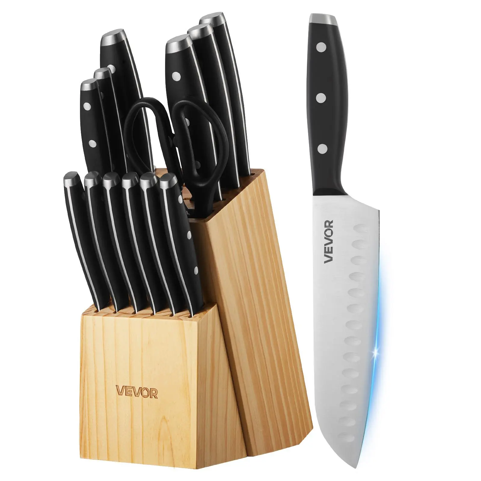 VEVOR 15-Piece Kitchen Knife Block Set - High Carbon Rust-Resist Durable Rustproof Steel Blades, Steak Knives, Ergonomic Handle, Sharpening Rod, Sharpener, Solid Wood Block - Vacuum Oil Heat & Cold Treated, Dishwasher Safe for Home Cooks, Modern Kitchens