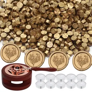 Wax Seal Beads Kit - 300pcs Antique Gold Sealing Wax Beads with Wood Melting Warmer, Spoon & 10 Mini Candles for Stamp Seals, Wedding Invitation, Envelope, Cards, Gift Wrapping Decorations