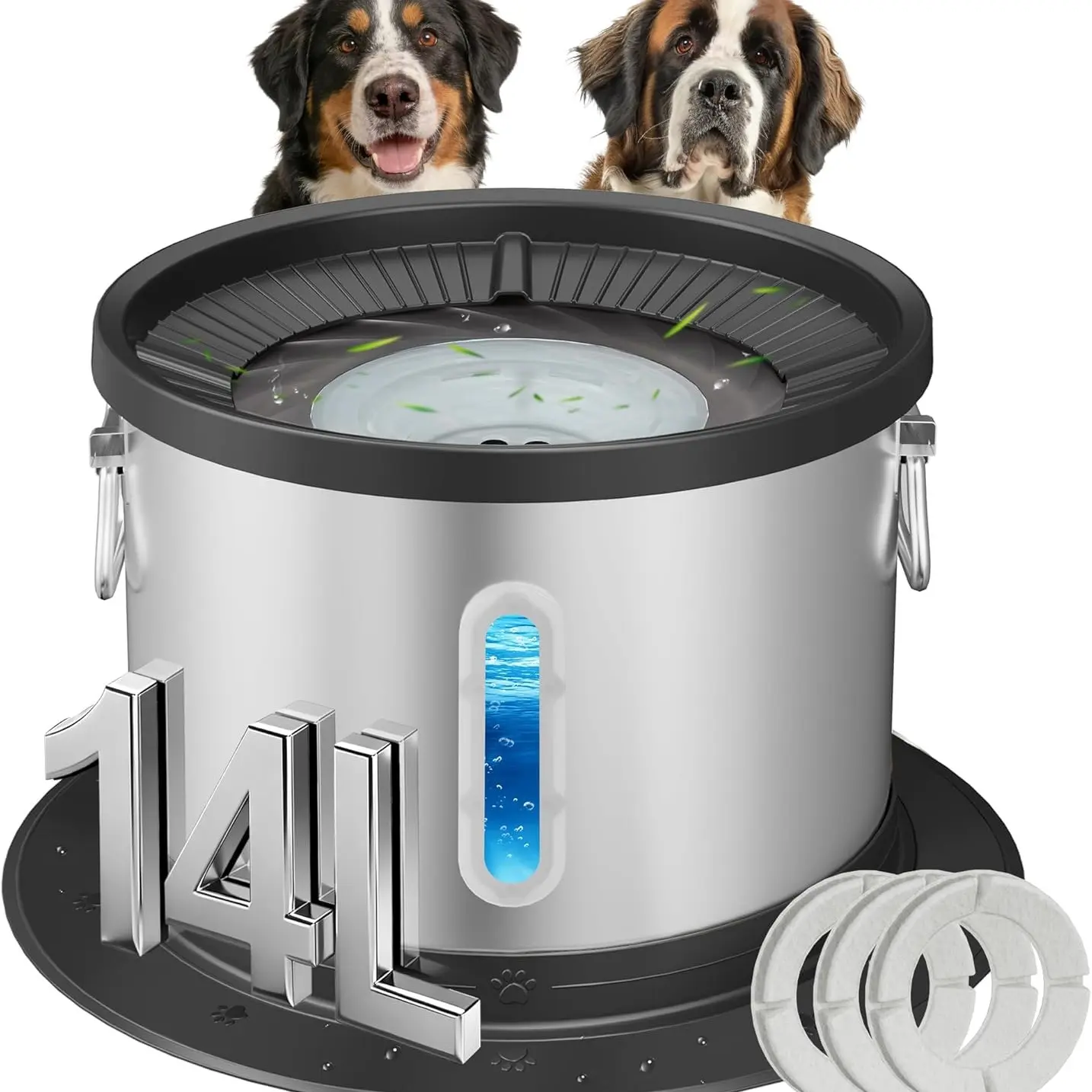 14L No Spill Dog Water Bowl, Stainless Steel Spill Proof Bowl with Water Window, Anti-Slip Slow Drinking Bowl for Large Dogs, Pet Bowl