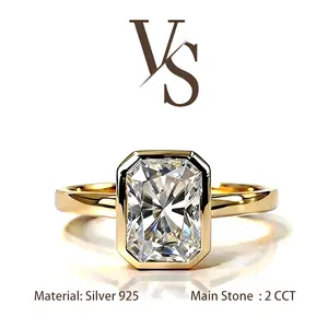 [Venus Jewelry] Synthetic Mossianite 2 CCT Radiant Bezel Design VVS1 D Color Solid Silver 925 Ring