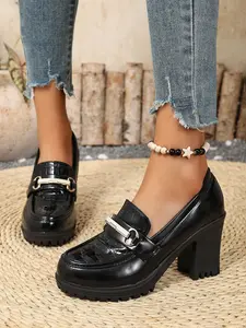 Women's New Spring Autumn Crocodile Pattern Metal Buckle Anti-Slip Wear-Resistant Chunky Heel Shoes, Commuter Work Casual Dressing First Choice