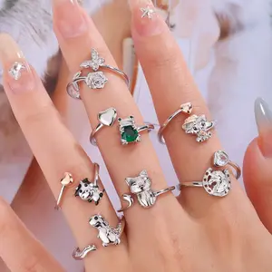 Hypoallergenic S925 Sterling Silver Cat Dog Paw Ring, Adjustable Animal Lover Jewelry US6-8, Cute Sparkling Gemstone Ring, Thoughtful Gift for Her