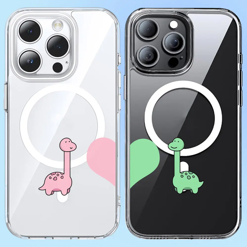 Heart-Shaped Cute Dinosaur Matching Pair Phone Case Set - MagSafe Compatible, 360° Impact Disp, Shock-Absorbing TPU-Acrylic Hybrid, with Paired Card Holder Wallet for iPhone 15, 16 Pro Max, Samsung Galaxy S24