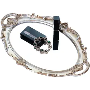 Antique Polyresin Ellipse Mirror Tray - Carved Edges, 9.8x14.6in, Durable Golden-Silver Charm Box, Bathroom Counter Organizer for Makeup/Jewelry, Retro Home Accessory Gift