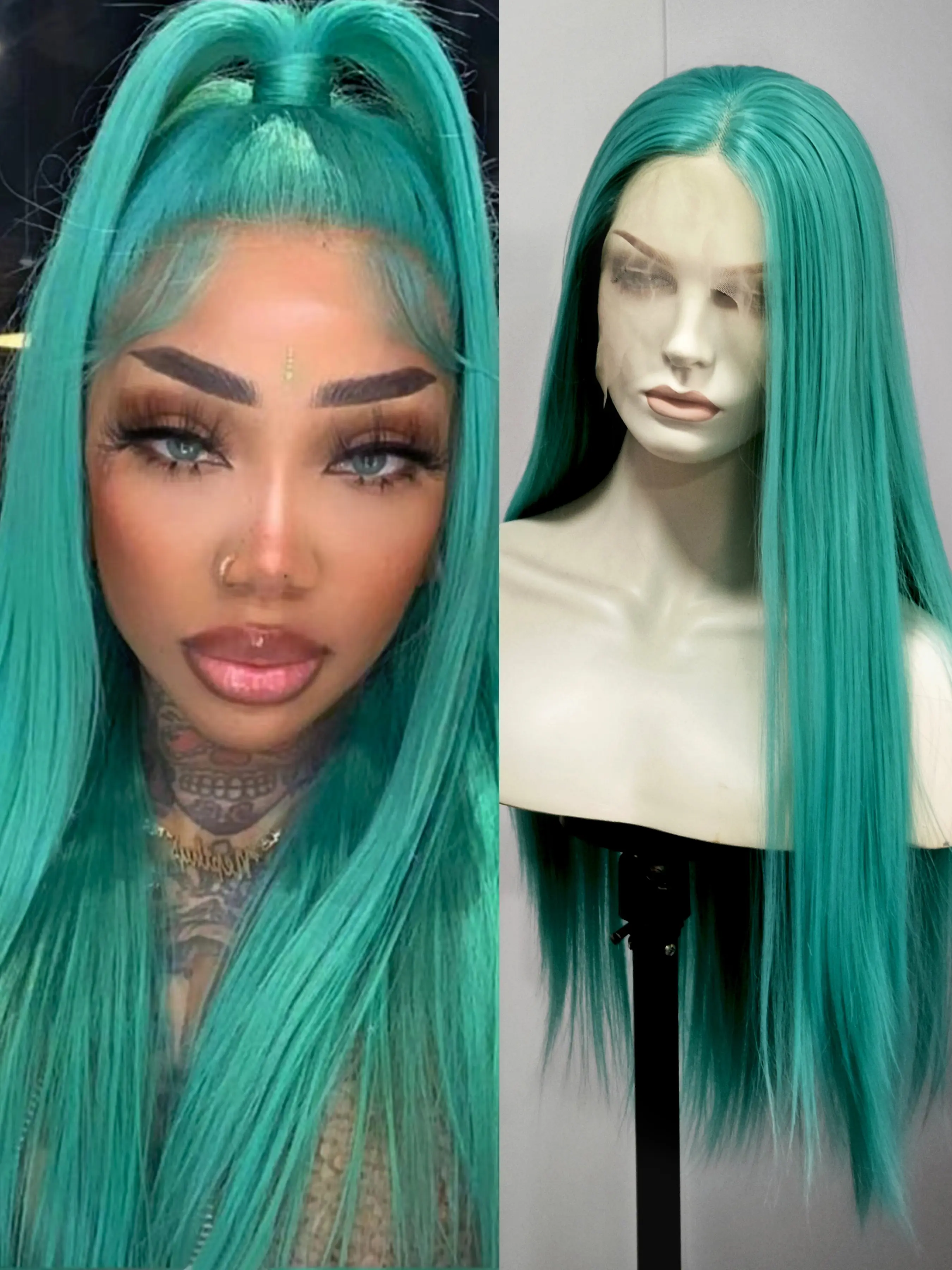 Blue Green Synthetic Lace Front Wigs for Women 26 Inch Long Silky Straight Hair Turquoise Green Wig 13x4 HD Lace Front Wigs Pre Plucked Hairline Cosplay Use Role Play Wig Makeup Hair Synthetic Material Wigs Preplucked Wigs Synthetic Smooth Wig