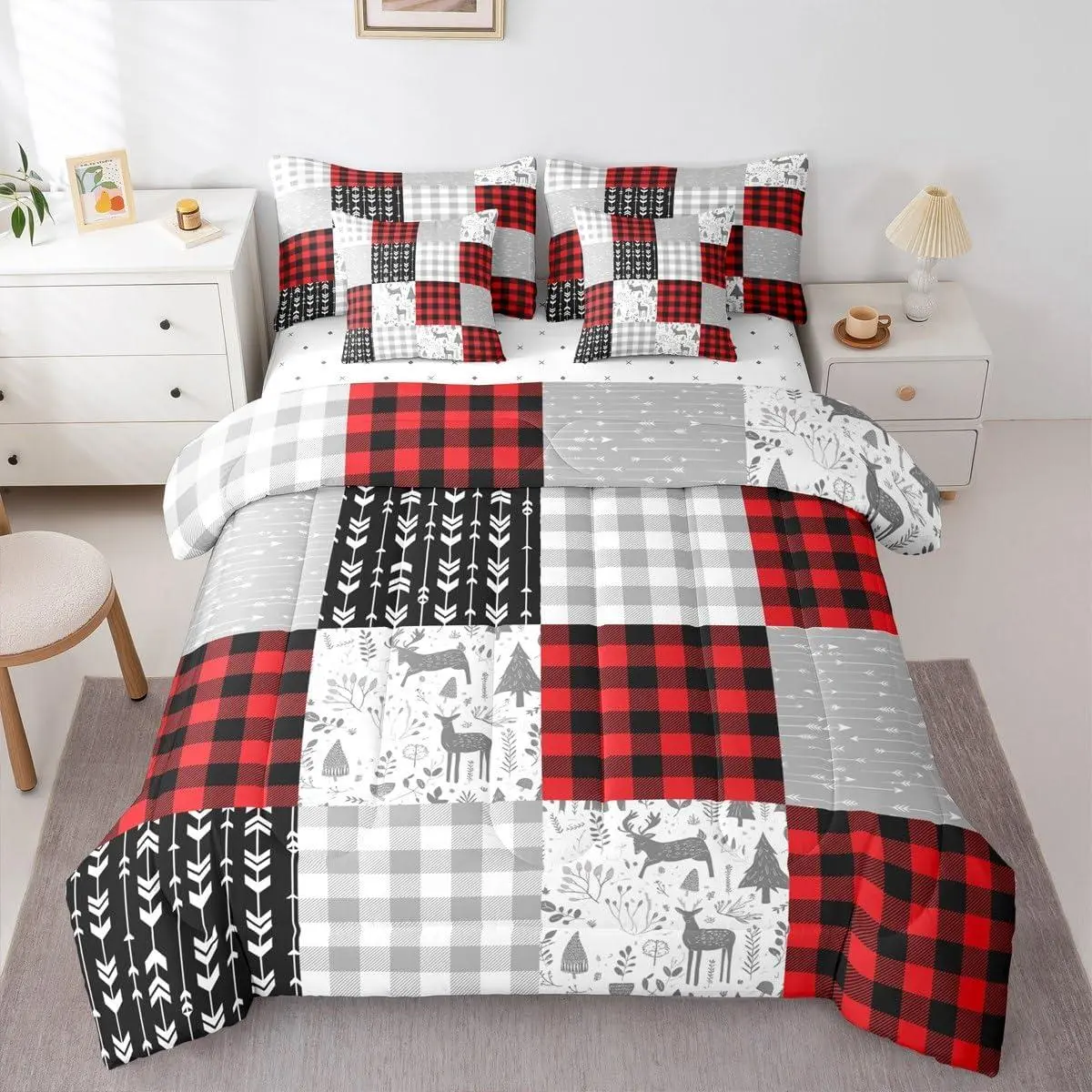 Buffalo Plaid Comforter Set,Woodland Theme 7-Piece Bed in A Bag,Deer Fox Rabbit Wildlife Farm Animal Zoo Sheets and Pillowcases,Camping Geometric Arrow Stripes Bedding Set