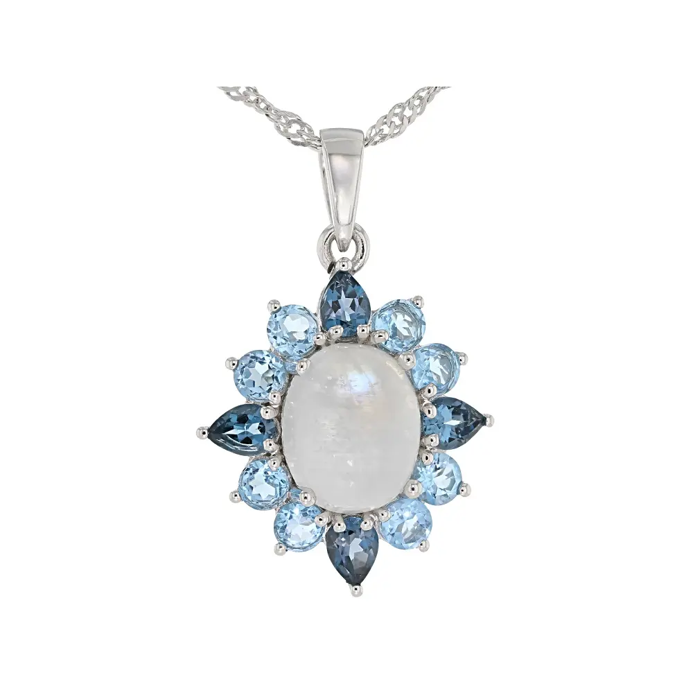 JTV Blue Rainbow Moonstone Rhodium Over Sterling Silver Pendant with Chain 1.49ctw