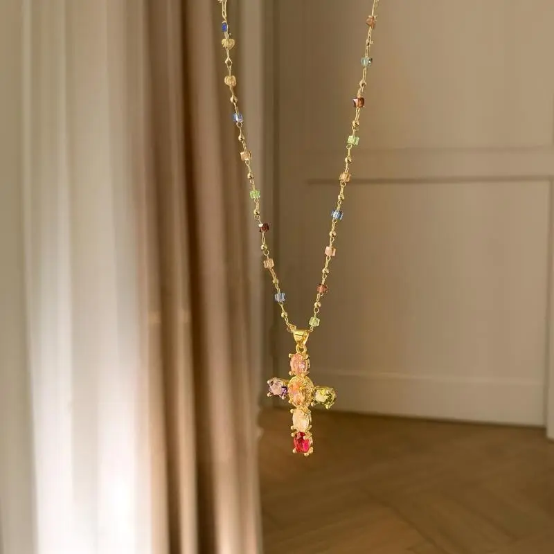 Christian Charm Necklaces with Rainbow Cross Pendant, Elegant Rhinestone Biblical Themed Jewelry, Layerable Faith Accessories for Women, Biblical Themed Necklaces