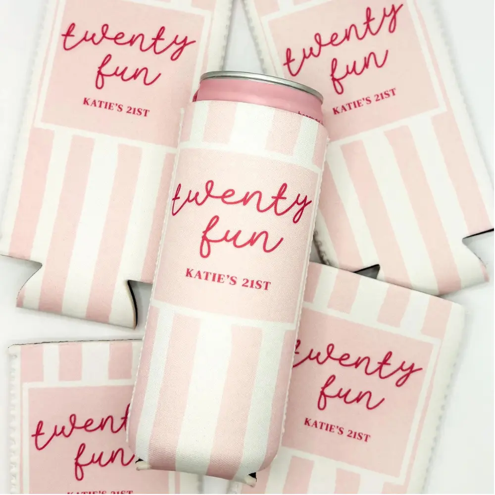 Personalized Custom 21st Birthday Can Cooler Sleeve Twenty Fun Pink Striped Drink Insulator Custom Name Birthday Party Favor Bachelorette Gift Reusable Beverage Holder for Slim Cans Women