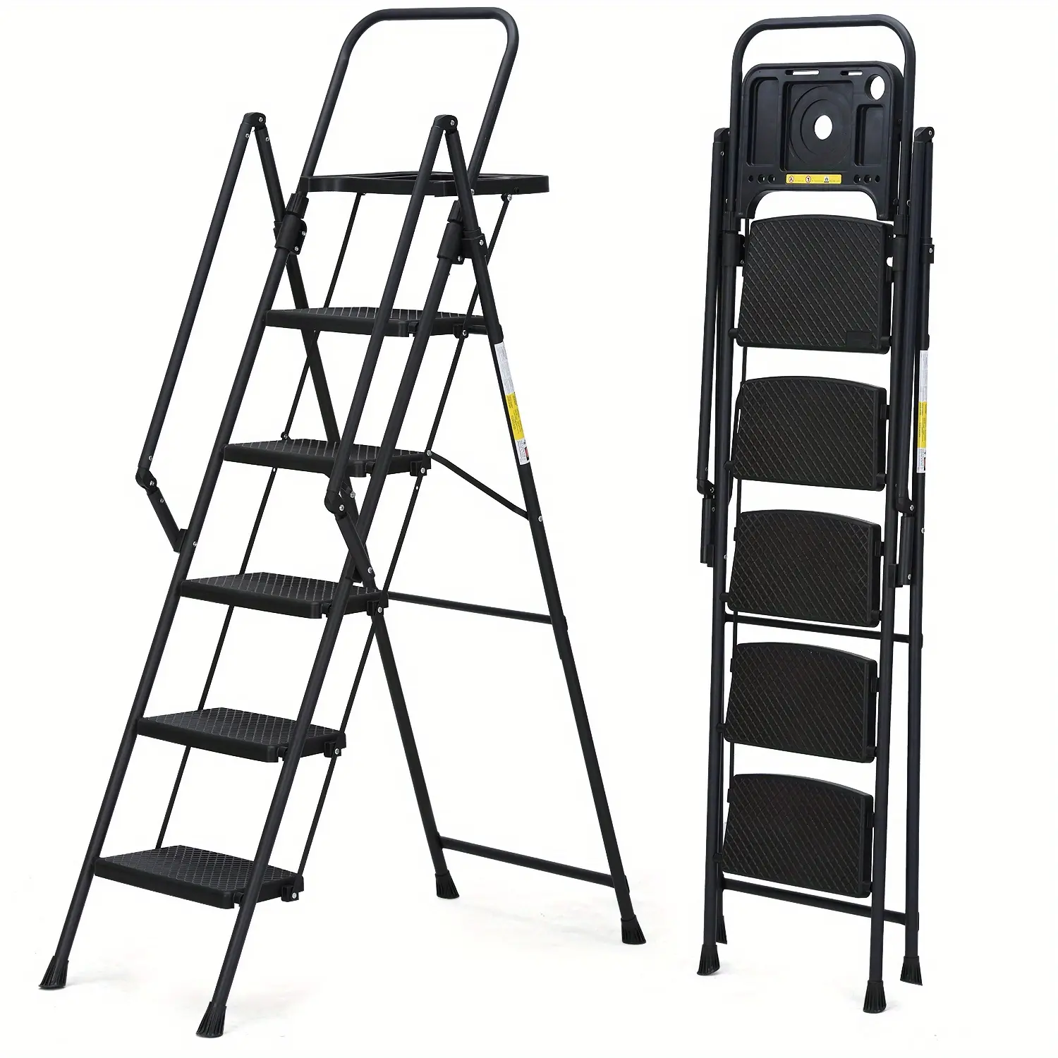 5 Step Ladder with Tool Platform, 900 lbs Sturdy Step Stool with Handrail, Folding Steel Ladder with Wide Pedal, Safety Ladder for Adults Home Outdoor Painting Garage Office  Black Portable