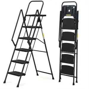 5 Step Ladder with Tool Platform, 900 lbs Sturdy Step Stool with Handrail, Folding Steel Ladder with Wide Pedal, Safety Ladder for Adults Home Outdoor Painting Garage Office  Black Portable