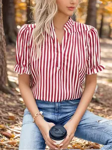 Cottagecore Striped Stand-Collar Puff Sleeve Ruffle Blouse Y2K Casual Striped V-Neck Puff Sleeve Daily Blouse Effortless Striped Stand-Collar Puff Sleeve Commute Blouse