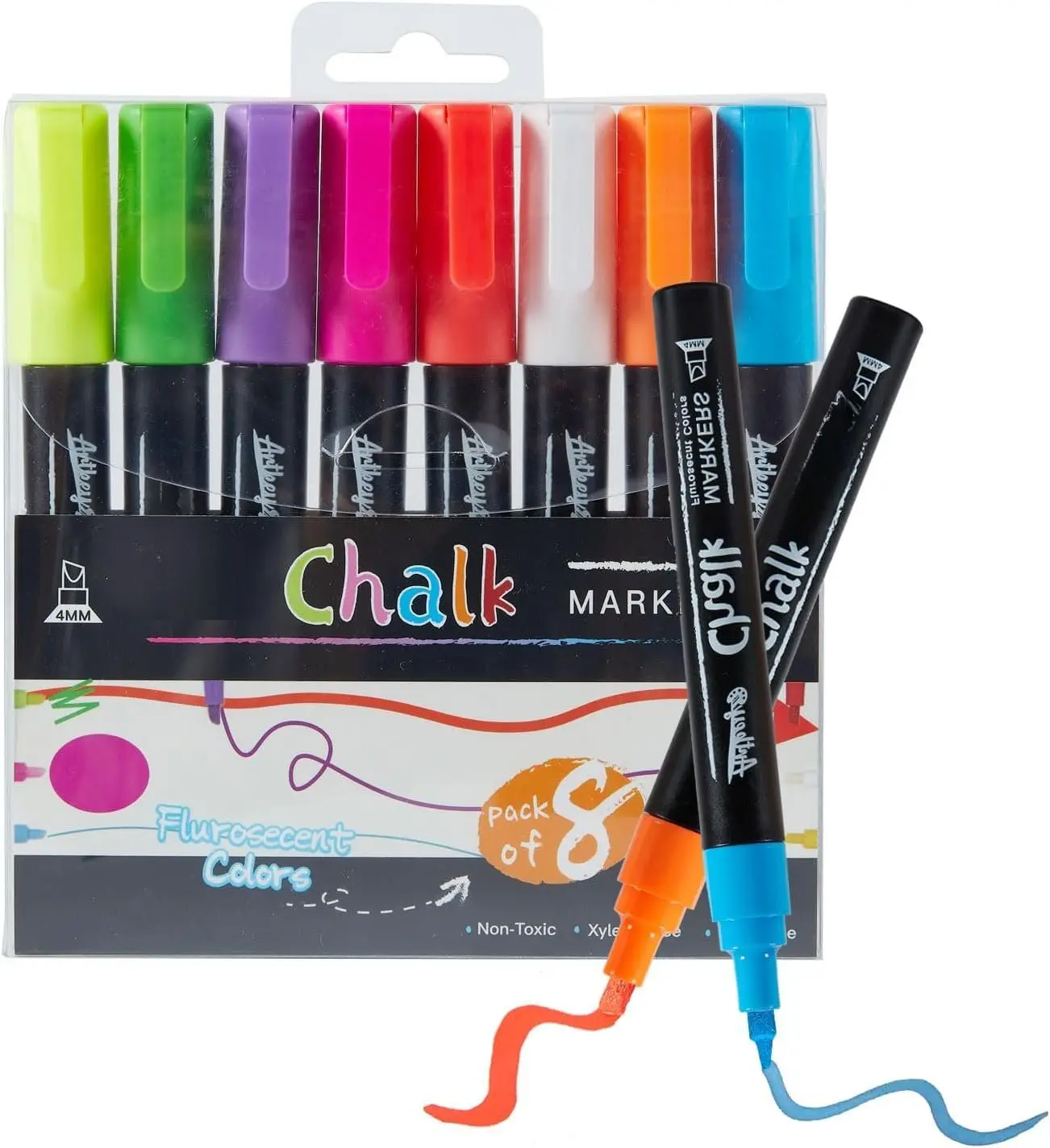 Neon Chalk Markers Set - 8 Pack with Reversible Tips (Chisel & ) for Glass, Windows & Non-Porous Surfaces - Vibrant Fluorescent Colors for Art & Craft Projects