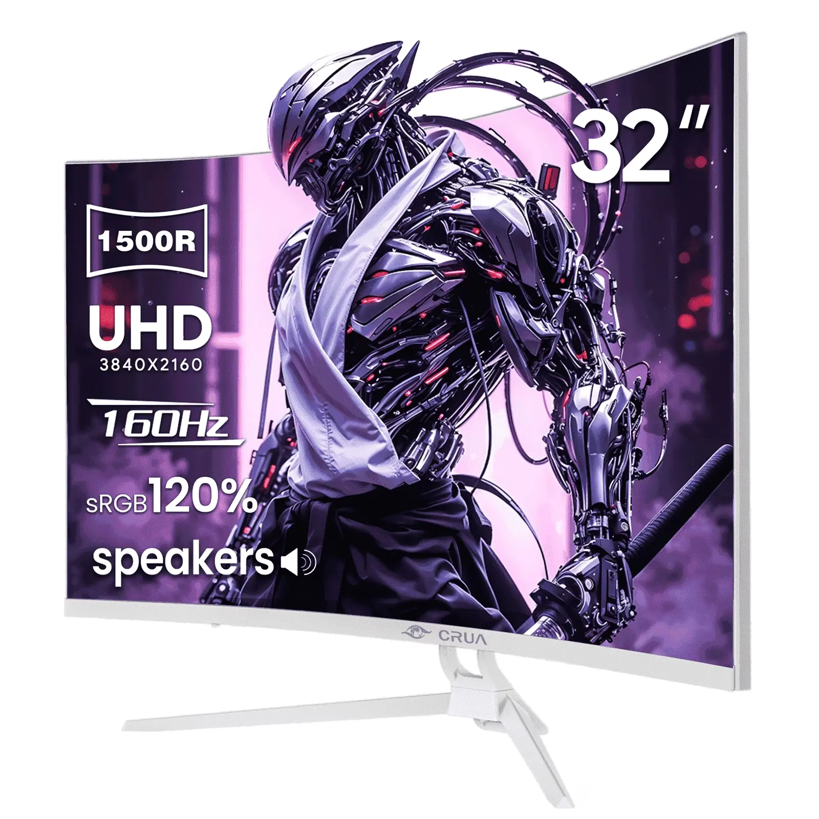CRUA 32" 4K 160Hz Curved Gaming Monitor,UHD(3840x2160P) 1500R Monitor, FreeSync 120% sRGB, 1.07B Color Depth, with HDMI /DP and Built-in Speaker, Support Wall Mount-White