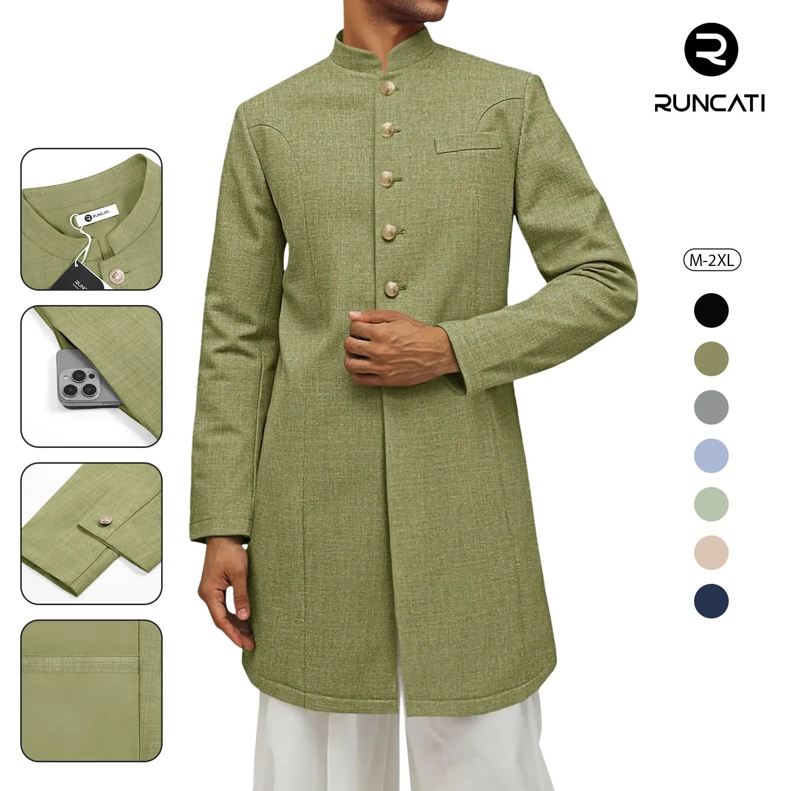 Runcati Men's Islamic Chic Mandarin Collar Kurta Blazer - Long Sleeve Ethnic Attire for Christmas, Father's Day Wedding Festive Occasions - Modest Koko Casual Kaftan Robe, Long Sleeve Shirt