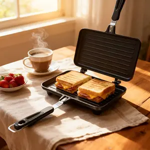 Double-sided non-stick griddle, sandwich pan, double-sided non-stick coated breakfast pan. Flip-top and removable design for easy cleaning. Perfect for cooking sandwiches, steaks, bread, pancakes, toast, and eggs. Ideal indoor/outdoor cooking utensil
