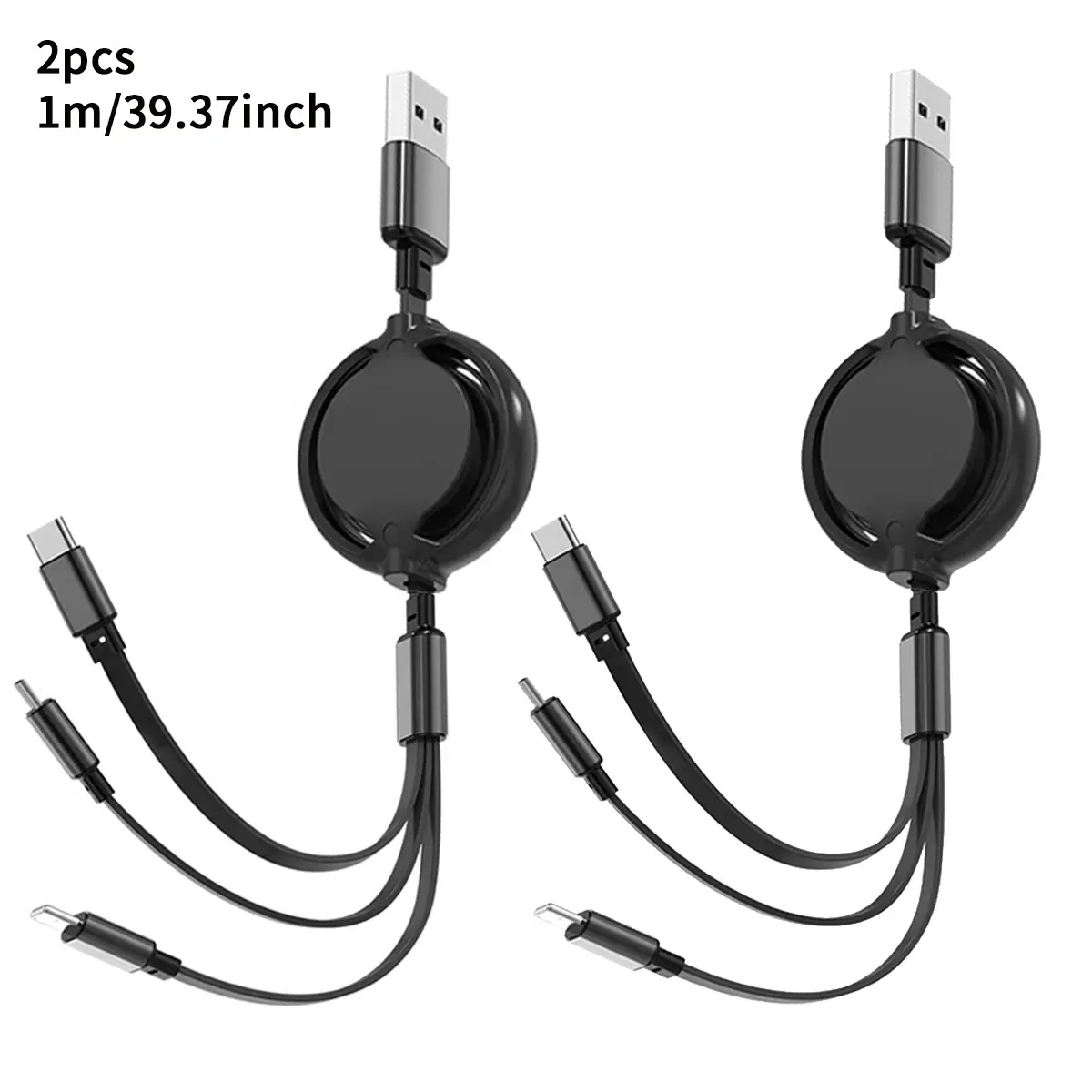 2 Pack 3 in 1 Retractable Fast Charging Cable for iPhone Type C Micro USB