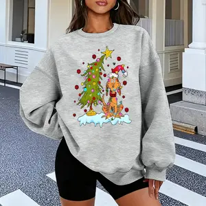 Women's Christmas-themed crewneck sweatshirt - Christmas tree cartoon puppy print, gray cotton knit crewneck sweatshirt, breathable and slightly stretchy casual christmas sweatshirts