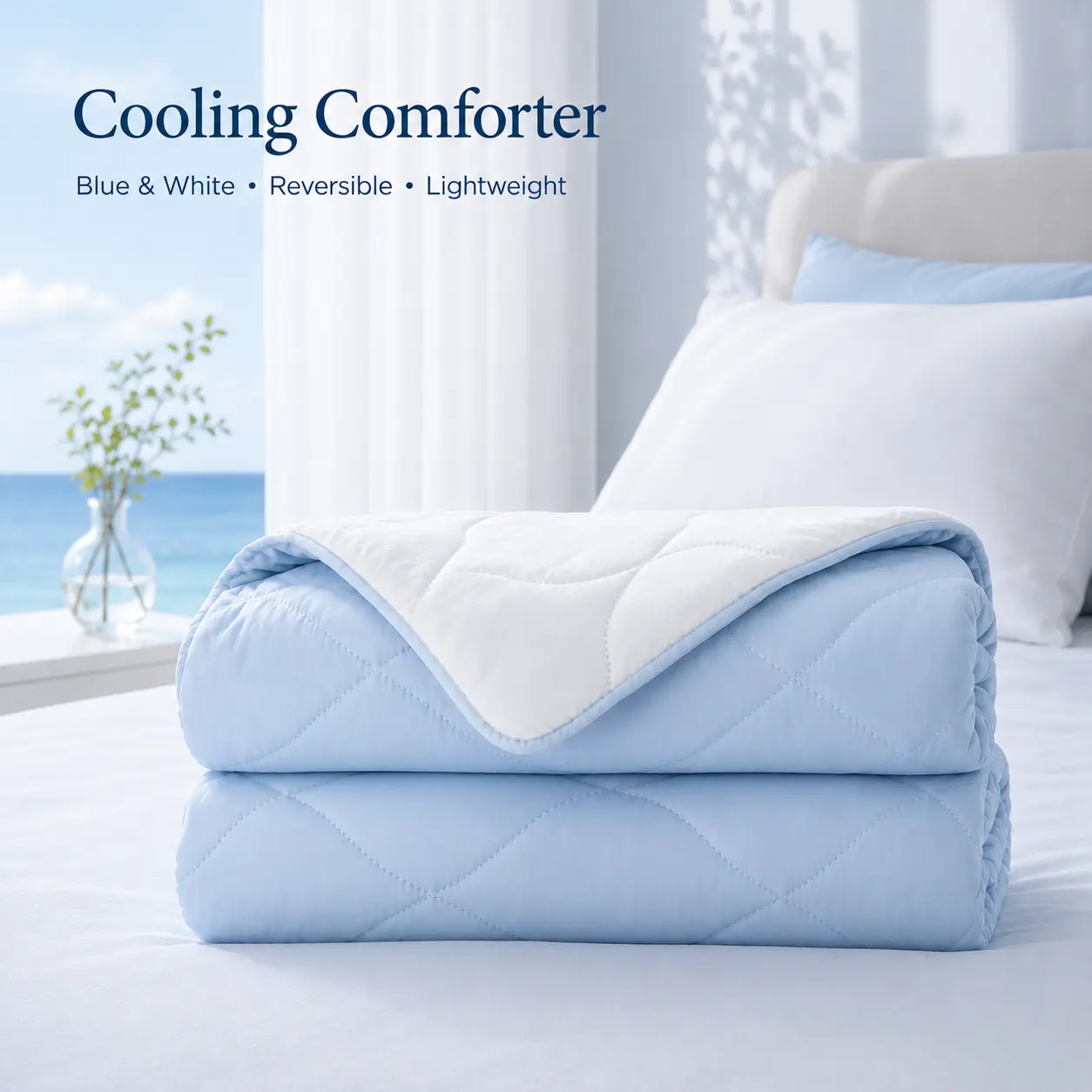 RESTTWILL Cooling Comforter for Hot Sleepers, Reversible Lyocell-Nylon-Sorona Polyester Lyocell Blend, Airy Texture Summer Quilt, Soft Lightweight Breathable Cooling Blanket, Multi-Size Twin/Queen/King, Machine Wash, Blue White