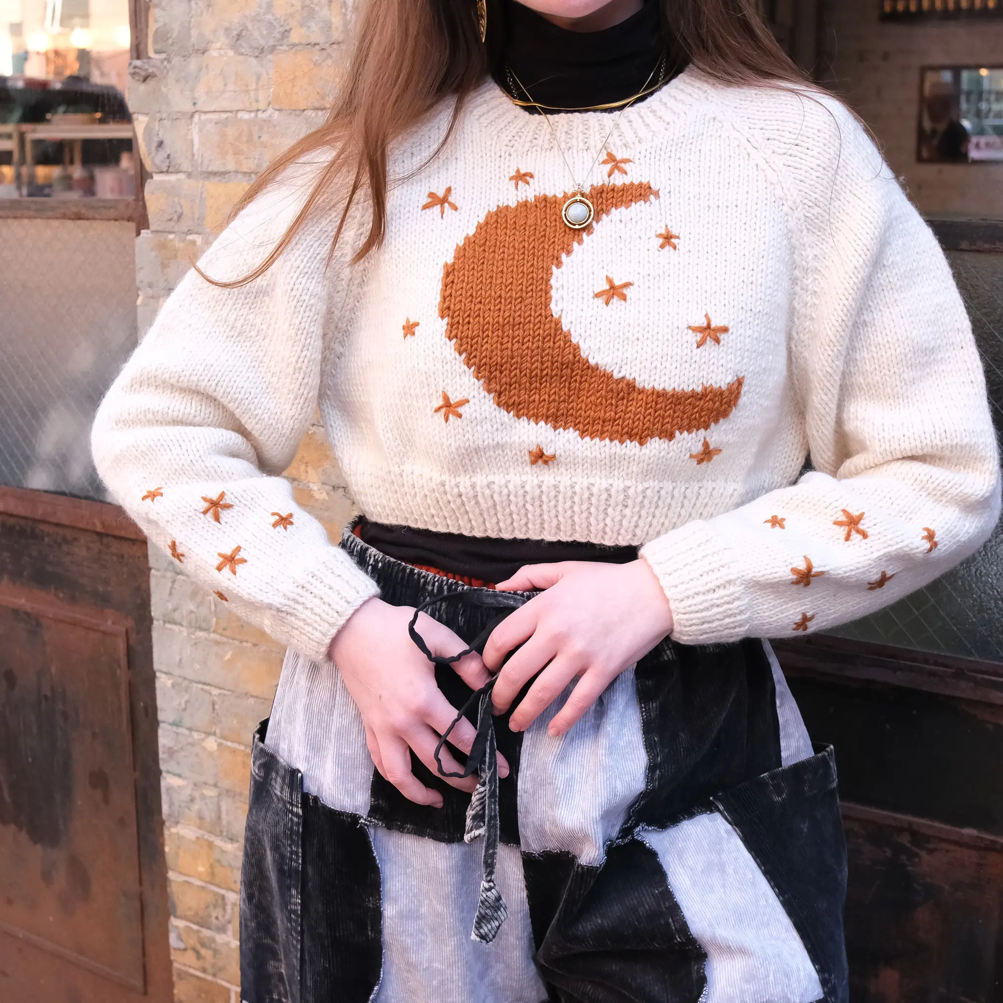 Boho Celestial Knitwear, Crescent Moon Embroidered Pullover, Hand Knitted Moon Crop Sweater, Warm Winter Fall Jumper, Knit Top, One of a Kind