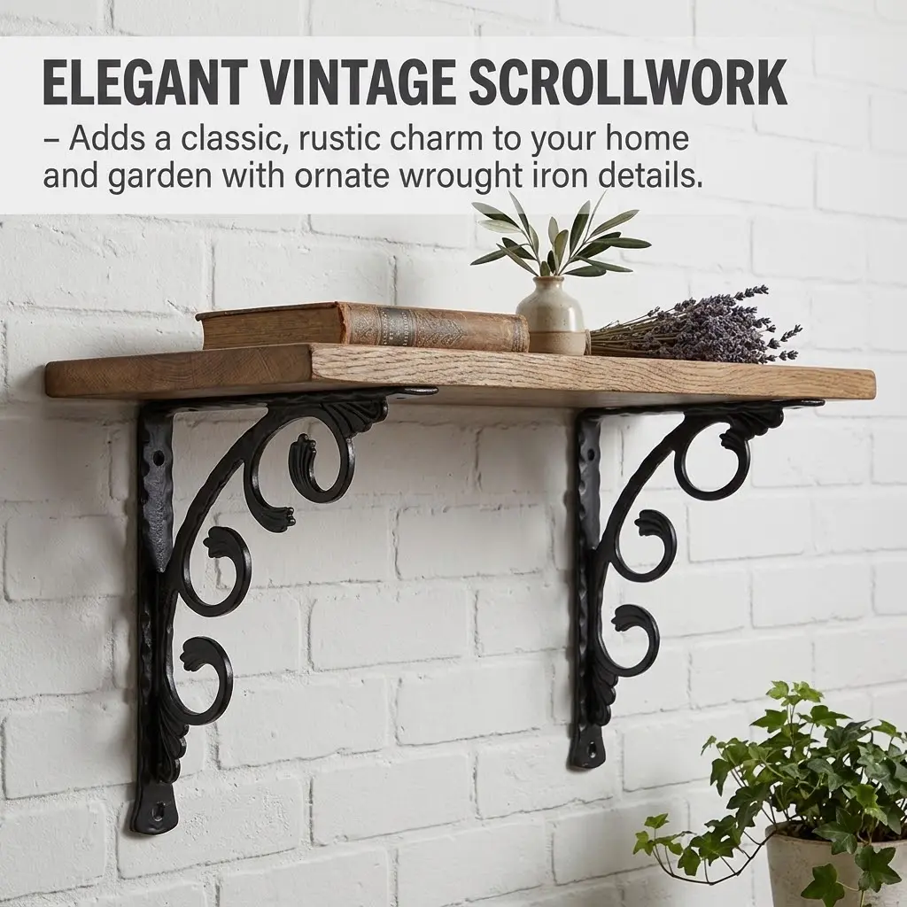 2 Pack Decorative Heavy Duty Shelf Brackets, Vintage Cast Iron L Brackets for Floating Shelves & Plant Hangers, Wall Mounted Rustic Wall Braces