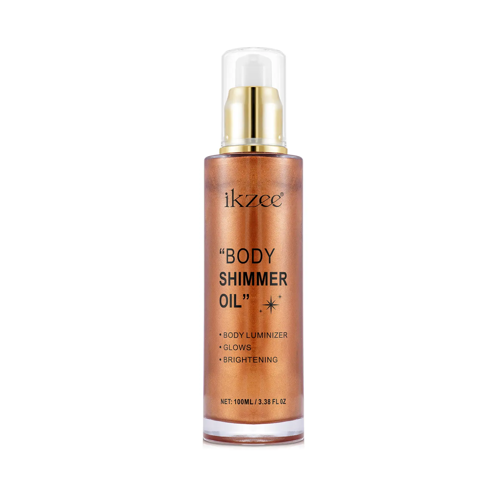 ikzee Shimmer Body Oil, Golden Brown Body Glitter Moisturizing Shimmer Glow Non-Sticky Summer Body Luminizer and Illuminator Smooth (100ml/3.38 Fl Oz)