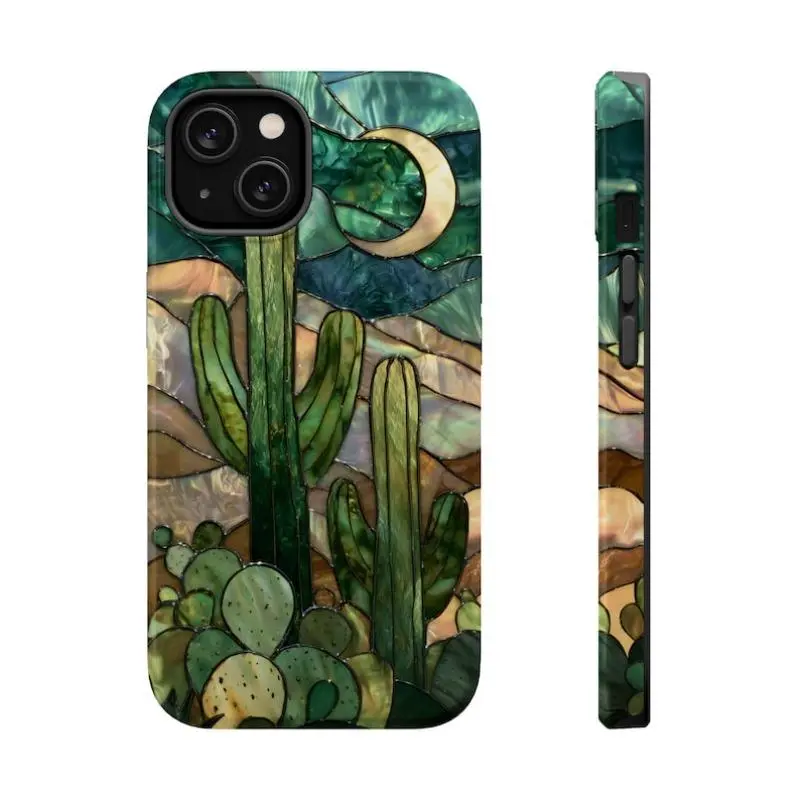 Durable Shockproof Lightweight Polycarbonate Cellphone Case - Cellphone Casing for iPhone 11-17 Pro, ProMax, Plus, Air, Thin Frame, Raised Bezels Camera Protection, Tough Stained Glass Cactus Printing, Rustic Crescent Moon Shell Accessory, Iphone11 Pro Ma