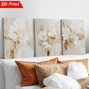 2D flat, Flower prints, 3pcs beige and gold abstract floral textured neutral decorative art painting set, ready to hang, abstract art poster, neutral wall decoration, home gift, suitable for living room, study, bedroom, bathroom, kitchen