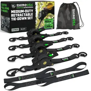 Rhino USA 1" x 10' Retractable Ratchet Straps (select 2 pack or 4 pack) - Medium Duty Self Retracting Tie Down Straps for Truck, Cargo Trailer